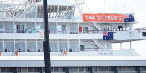 A sign hanging from the Artania cruise ship on Saturday reads'Thank you Fremantle'. 