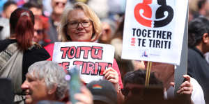 March participants congregate outside parliament in Wellington,NZ,on Tuesday. The hīkoi has travelled for nine days across the country to protect and advocate for the Treaty of Waitangi and Māori rights. 