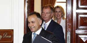 Opposition Leader John Pesutto (front),deputy Liberal leader David Southwick and leader in the upper house Georgie Crozier leave Monday morning’s party room meeting. 