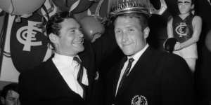 Barassi with Carlton captain John Nicholls after the Blues won the 1968 VFL grand final,the club’s first for 21 years. 
