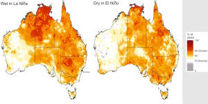 Shades in darker orange show areas where spring rainfall was strongly influenced by El Niño and La Niña,according to Tozer’s research. For Sydney and much of NSW’s coast,the effect was weak. 