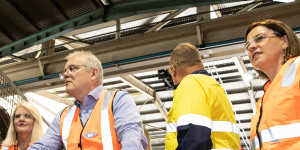 Prime Minister Scott Morrison with Federal Minister for Industry,Science and Technology Karen Andrews (left) and Qld Opposition Leader Deb Frecklington (right) on a visit to Neumann Steel Fabrication on the Gold Coast.