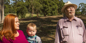 Suzette Meade,pictured with son Ned and former Parramatta councillor Laurie Bennett,said"green space in Parramatta is not safe".