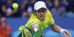 Alex de Minaur on his way to beating Novak Djokovic in straight sets at the United Cup in Perth.