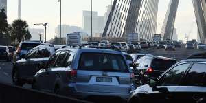 Heavy traffic on the Anzac Bridge,as bus drivers go on strike.