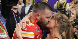 Kansas City Chiefs tight end Travis Kelce kisses Taylor Swift after the NFL Super Bowl 58 football game against the San Francisco 49ers.