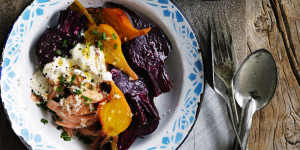 Full-on flavour:Beetroot salad wtih smoked trout and horseradish.