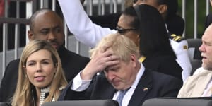 British Prime Minister Boris Johnson and his wife Carrie during the Queen’s Platinum Jubilee Pageant in London on Sunday.