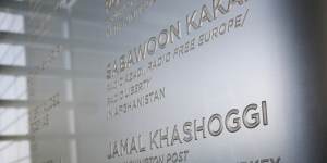 The name of Washington Post columnist Jamal Khashoggi,who was killed inside the Saudi Consulate in Istanbul,is etched in the Newseum's Journalists Memorial in Washington. It represents all journalists who lost their lives around the world in 2018. 