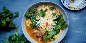 Lemongrass,ginger and garlic beef pho (noodle soup). Flu fighters recipes for Good Food May 2019. Please credit Katrina Meynink. Good Food use only.