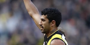 Marlion Pickett during his debut AFL game – the 2019 AFL grand final. He's come a long way from playing for a prison footy team in Perth.