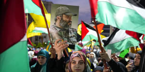 A Hezbollah supporter during a rally in Beirut’s southern suburbs,celebrating the Hamas attacks on Israel.