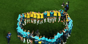 Captured our hearts:The Matildas huddle after the team’s Women’s World Cup semi-final defeat.