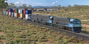 An artist’s impression of a double-stacked freight train on the Inland Rail between Melbourne and Brisbane.