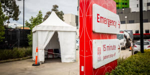 Emergency departments are busier than ever in Victoria,with a tent being used by staff at Box Hill Hospital last year.
