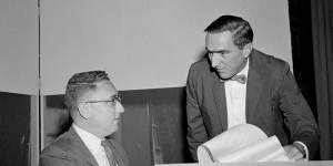 Henry Kissinger prepares to go on the US public affairs TV program Face the Nation in 1958.