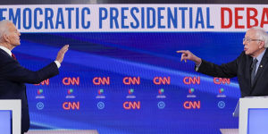 Joe Biden and Bernie Sanders during a Democratic presidential primary debate in 2020.