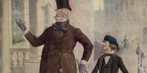  Mr Micawber and a young David Copperfield in an illustration from Dickens'novel,circa 1850. 