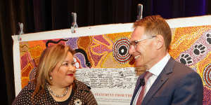 BHP CEO Andrew Mackenzie with Professor Megan Davis,pro vice-chancellor Indigenous at UNSW,and the Uluru Statement from the Heart. 