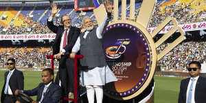Prime ministers Anthony Albanese and Narendra Modi at the Ahmedabad ground before the fourth Test.
