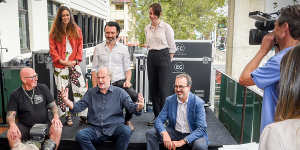 All together now:Missy Higgins,Paul Dempsey and Gordi with (front row) Howard Freeman (founder of road crew organisation Crew Care),Michael Gudinski and Martin Pakula.