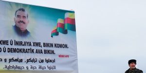 Banner featuring the image of jailed PKK leader Abdullah Ocalan. 