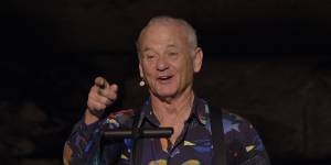 Bill Murray on stage in the concert film Bill Murray’s New Worlds:The Cradle of Civilisation.