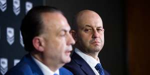 Todd Greenberg (right) and Peter V'landys did not see eye to eye at the end of the former's tenure at the NRL.