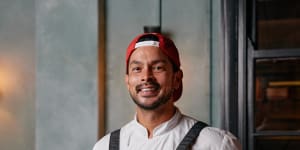 Louis Tikaram with his medium-sized Eco Food Boards Byron Bay chopping board.