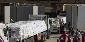 Aid trucks at the Rafah border crossing on Saturday.