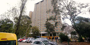 A public housing tower on Racecourse Road in Flemington,one of the first of 44 such towers set for demolition.