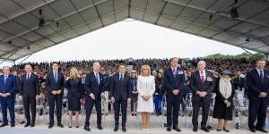 (From right) Governor-General of Australia David Hurley and his wife Linda;William,Prince of Wales;French President Emmanuel Macron and his wife Brigitte;US President Joe Biden and his wife Jill;Canadian Prime Minister Justin Trudeau;and Polish President Andrzej Duda.