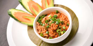 Spicy minced chicken dip:Thai larb meets bolognese.