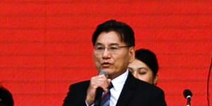 Taiwanese President William Lai and Vice President Hsiao Bi-khim sing the national anthem during the inauguration ceremony.