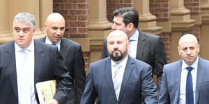 From left,lawyer Nick di Girolamo,Moses Obeid,Eddie Obeid jnr,lawyer Tim Breene (back) and Paul Obeid at the Supreme Court for their unsuccessful battle against ICAC.