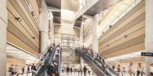 A render of escalators in a large atrium at the new Martin Place metro station.