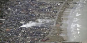 This aerial photo shows an area affected by the January 1 earthquake in Suzu,Japan.