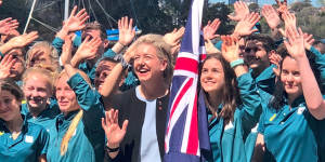 Senator Bridget McKenzie with the Australian youth Olympic team in Sydney on September 30,2018. 