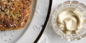 Satisfying crunch:Crumbed veal cutlet with lemon aioli.
