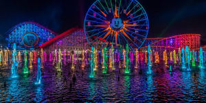 the gorgeous World of Color is a Bellagio on steroids water,laser and projection show.