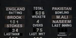 The scoreboard displays the final score at stumps on day one of the first Test Match between Pakistan and England.