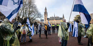 Pro-Israel demonstrators march towards the ICJ in The Hague,Netherlands.