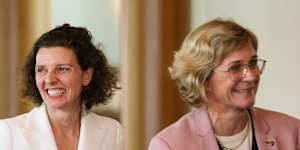 Independent MPs Allegra Spender and Zali Steggall addressing media after news broke of their nascent party. 