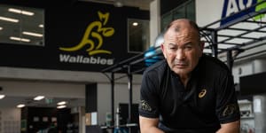 Eddie Jones poses for a photo at Rugby Australia headquarters in Sydney on Sunday.