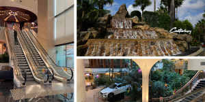 Clockwise from left:Prospective punters can ride Canterbury League Club’s “stairway to heaven”;the club’s water feature greets visitors at the entrance;Aan $87,000 Volvo,a prize in a lottery,sits among fake greenery in the atrium.