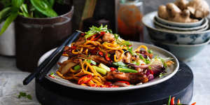 Kylie Kwong's stir-fried Hokkien noodles with chicken,chilli and coriander.