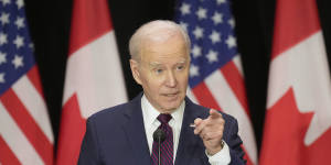 President Joe Biden speaks during a news conference in Canada. 