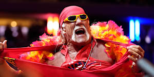 Hulk Hogan rips his shirt and pumps up the crowd at a campaign rally for Donald Trump before the 2024 US election.