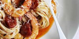 King prawn spaghetti with prawn oil.