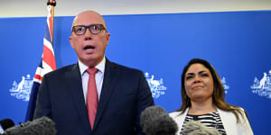 Opposition Leader Peter Dutton and Coalition spokeswoman for Indigenous Australians,Jacinta Nampijinpa Price,in Brisbane.